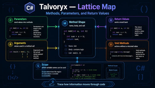 Diagram of C# method parameters, return values, and scope on a dark background with 'Talvoryx' branding.