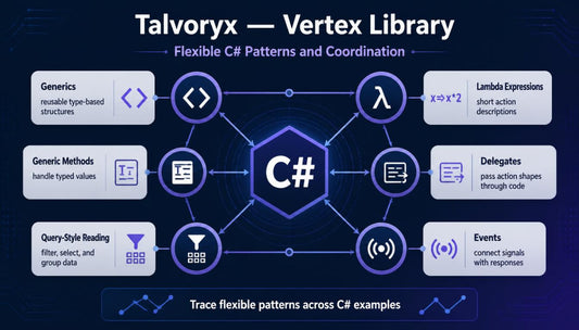 Diagram of C# programming language features with Talvoryx Vertex Library branding on a dark background.