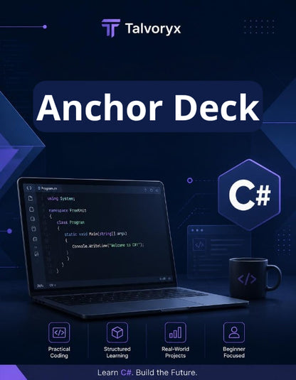 Promotional graphic for Talvoryx Anchor Deck with C# programming language elements on a dark blue background.