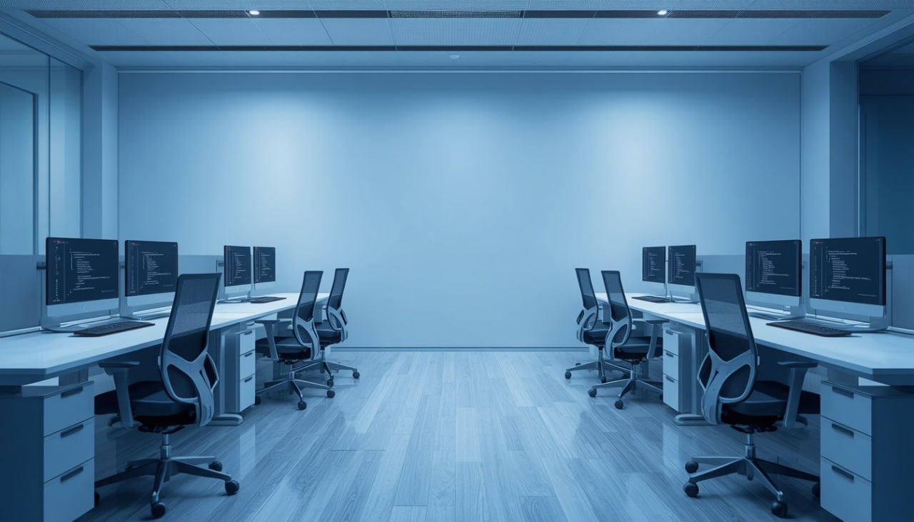 Modern office setup with multiple desks, chairs, and computer monitors.