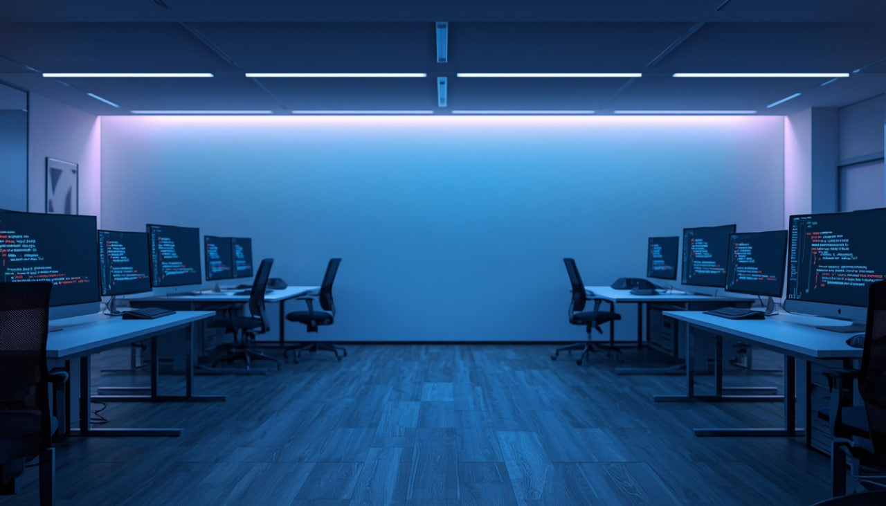 Computer lab with multiple desks and monitors in a dimly lit room.