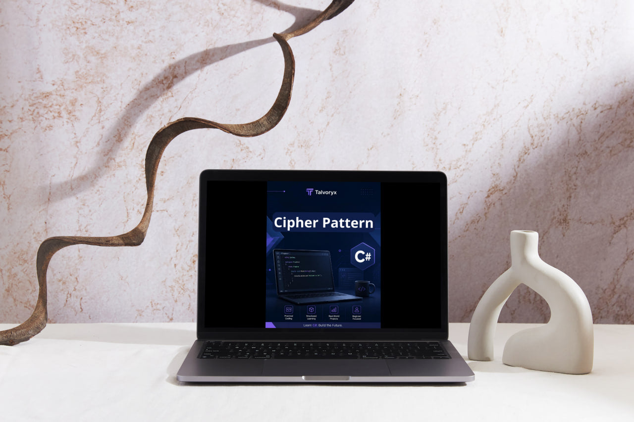 Laptop displaying a software interface on a decorative surface with a marble wall background