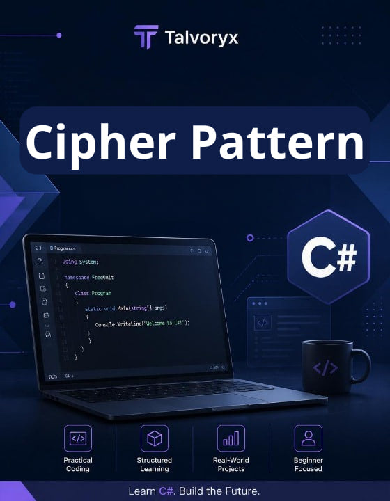 Promotional graphic for Talvoryx Cipher Pattern C# course with a laptop, mug, and coding interface.