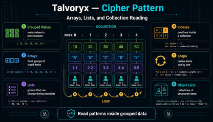 Educational diagram about Talvoryx Cipher Pattern with arrays, lists, and collection reading.