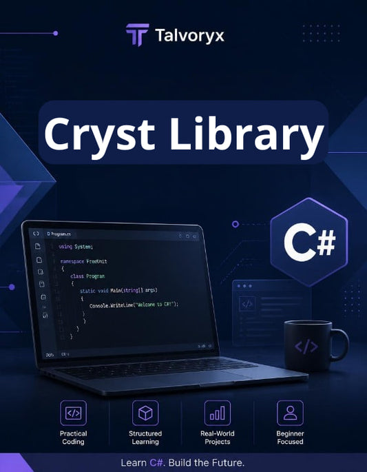 Promotional graphic for Talvoryx Cryst Library focusing on C# with a laptop, mug, and coding elements.