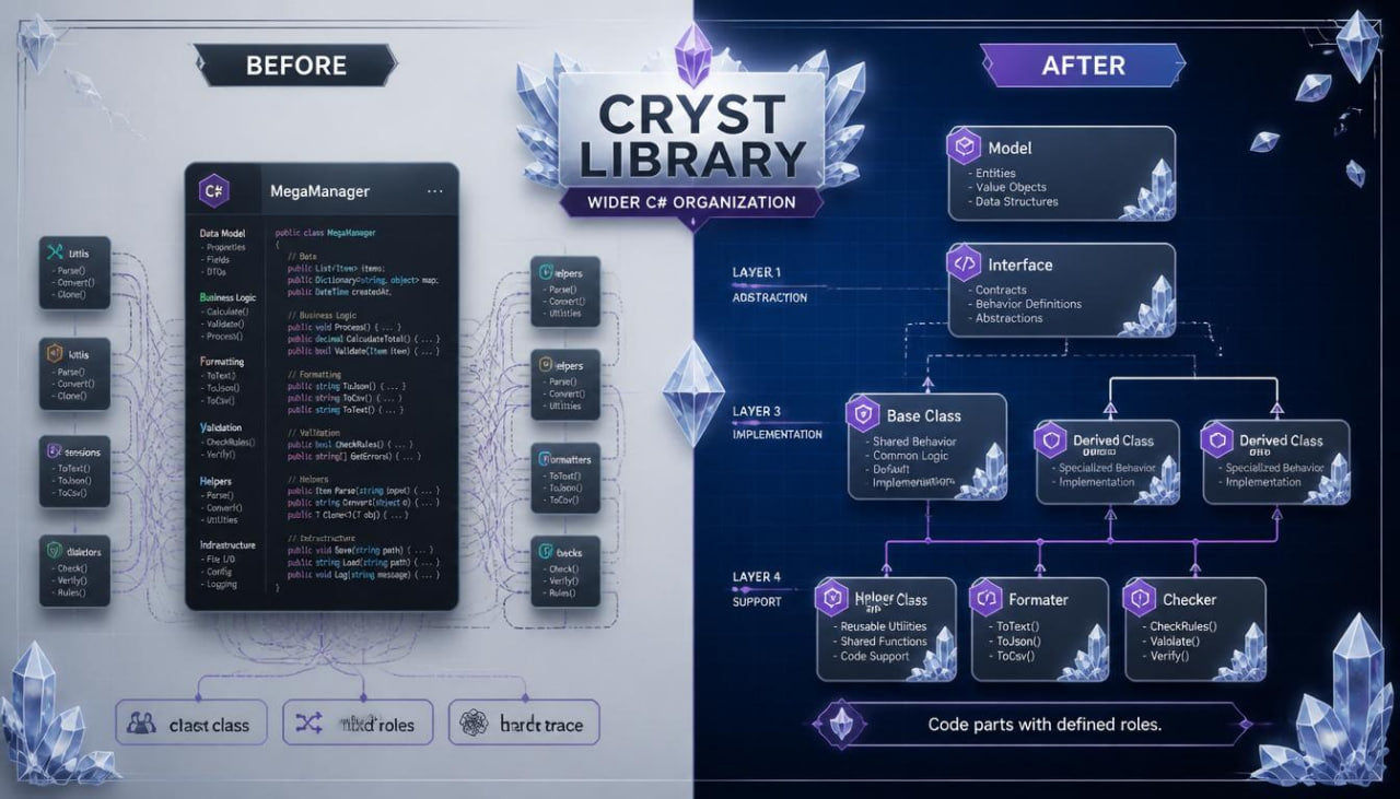 Before and after comparison of a software interface with 'Crystal Library' branding.