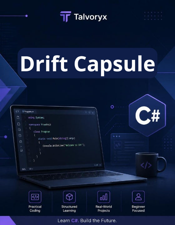 Promotional graphic for Talvoryx Drift Capsule with a laptop, C# code, and branding elements on a dark blue background.