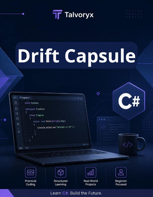 Promotional graphic for Talvoryx Drift Capsule with a laptop, C# code, and branding elements on a dark blue background.