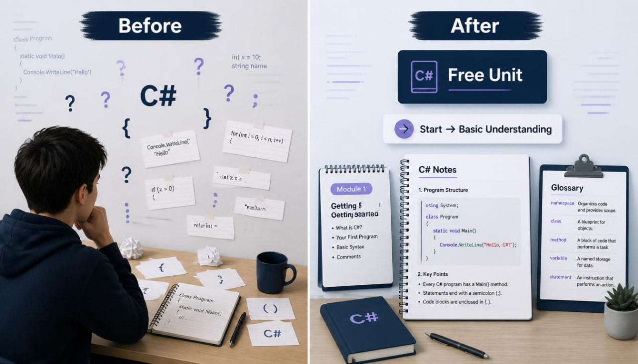 Before and after comparison of a person studying C# with educational materials.
