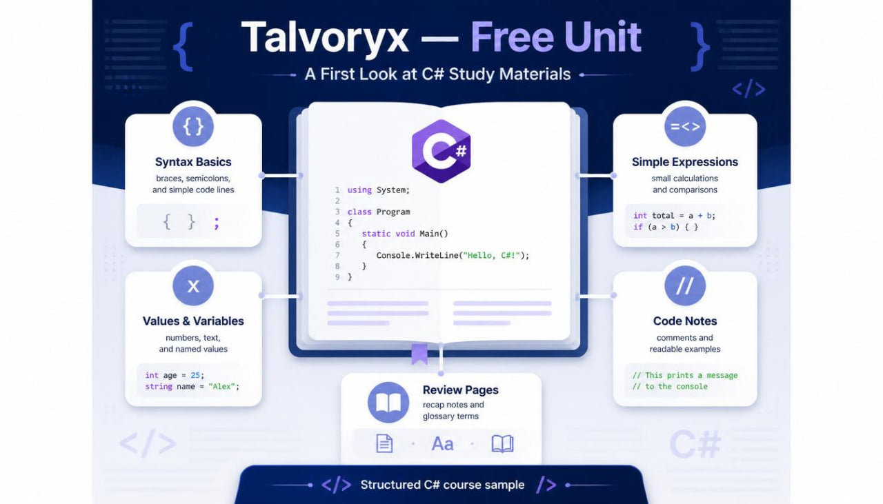 Talvoryx free unit course materials for C# study on a blue background