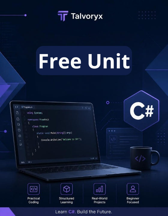 Promotional graphic for Talvoryx's C# free unit with a laptop, code editor, and mug on a dark blue background.