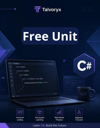 Promotional graphic for Talvoryx's C# free unit with a laptop, code editor, and mug on a dark blue background.