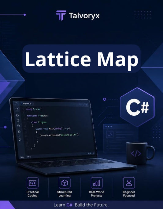 Promotional graphic for Talvoryx Lattice Map with a laptop, mug, and C# logo on a dark blue background.