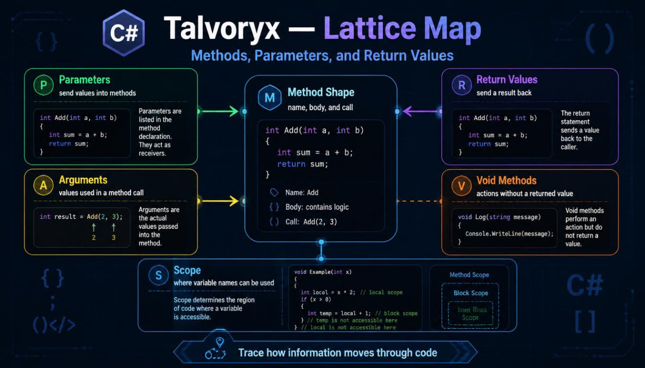 Diagram of C# method parameters, return values, and scope on a dark background with 'Talvoryx' branding.