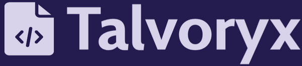 Talvoryx logo with a stylized code editor icon on a purple background