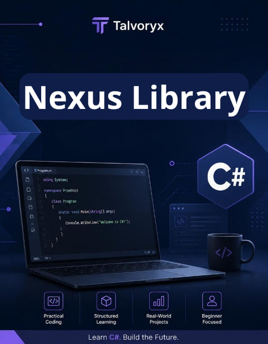 Promotional graphic for Talvoryx Nexus Library focusing on C# with a laptop, mug, and abstract design.