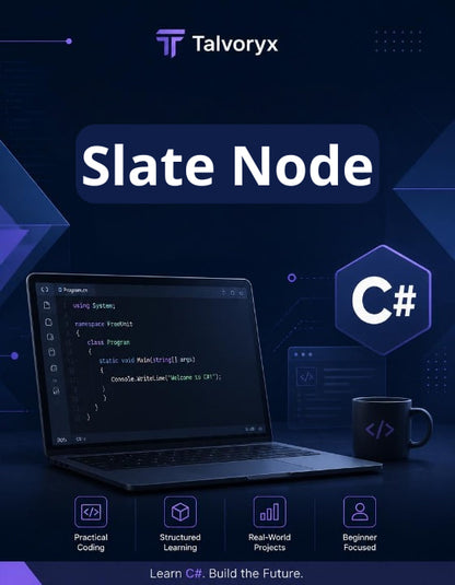 Promotional graphic for Talvoryx Slate Node with a laptop, code editor, and C# logo on a dark blue background.