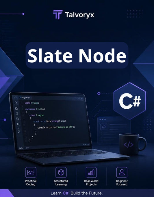 Promotional graphic for Talvoryx Slate Node with a laptop, code editor, and C# logo on a dark blue background.