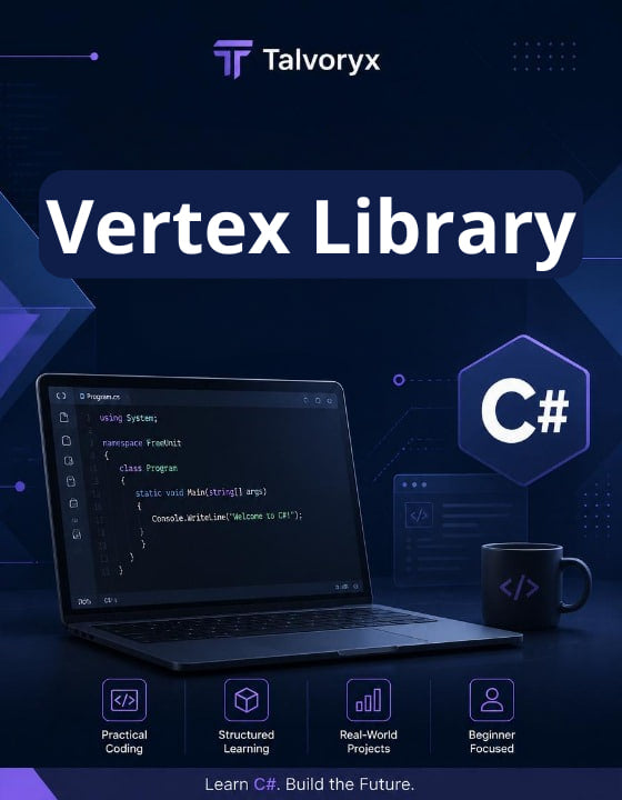 Promotional graphic for Talvoryx Vertex Library focusing on C# with a laptop, mug, and programming elements.