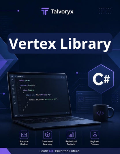 Promotional graphic for Talvoryx Vertex Library focusing on C# with a laptop, mug, and programming elements.